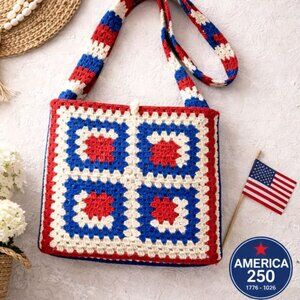 Handmade Crochet Patriotic Tote Bag Granny Square America 250 USA Folk Art Gift